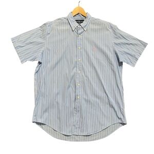 Ralph Lauren Button Shirt Mens Blue Striped Pink Pony Short Sleeve Size Large